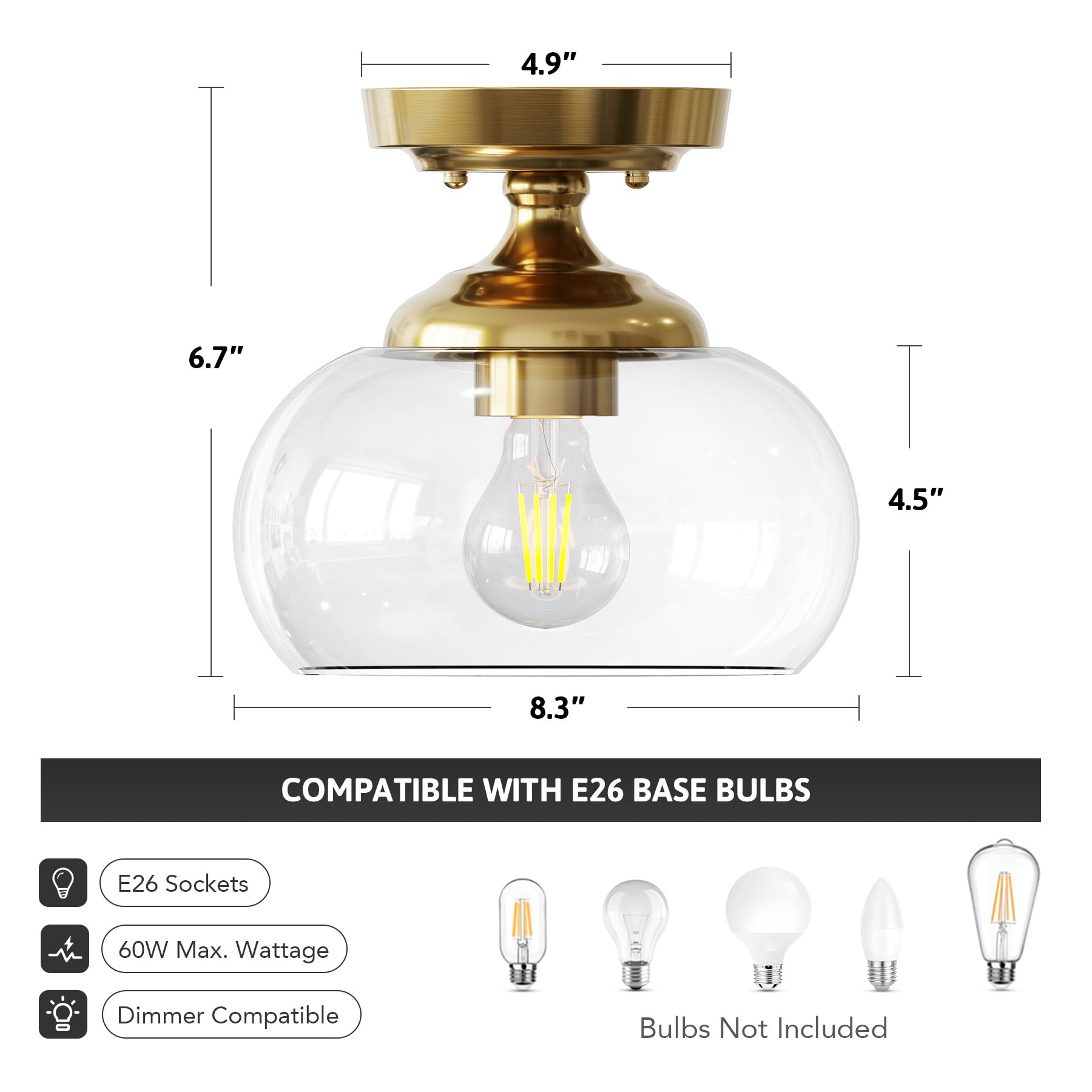 VONLUCE Industrial Semi Flush Mount Ceiling Light, 8.3in Metal Fixture, Clear Glass Shade, Brushed Gold, Model HCF-15M6-GD