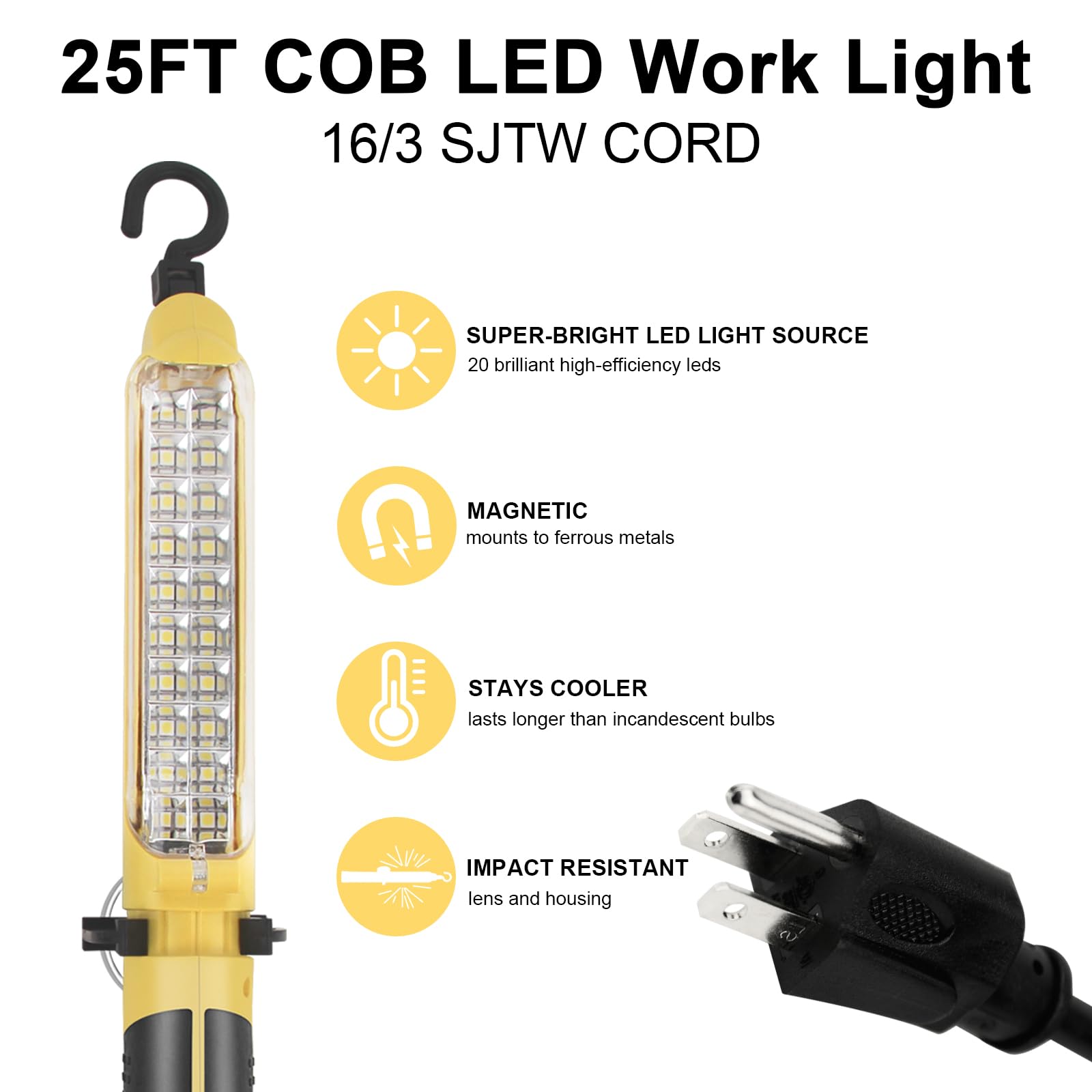 BOCPARTS LED Trouble Light - 25FT Super-Bright COB Work Light with Magnet & Swivel Hook, ETL Listed, Ideal for Car Repair & Construction