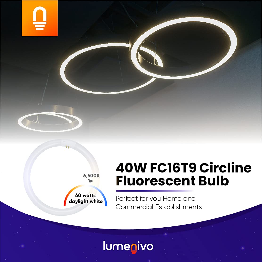 lumenivo FC16T9 40W Circline Fluorescent Bulb Replacement - 16 Inches, 4-Pin Base, 6500K Daylight, 1 Pack