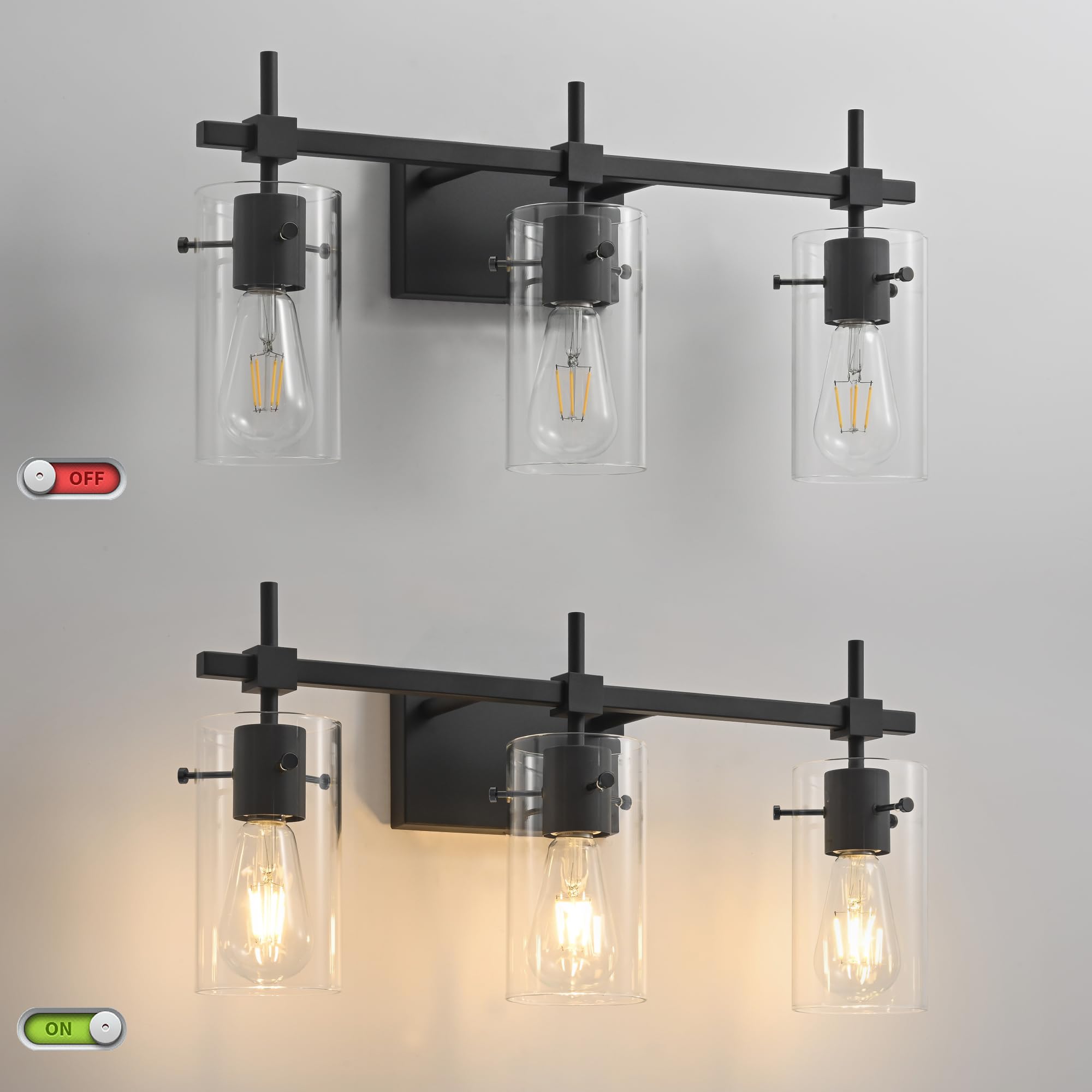 SOLFART 3 Lights Vanity Light Fixture - Matt Black Glass Shade, Model 7200-3T-BK, Modern Bathroom Lighting Over Mirror