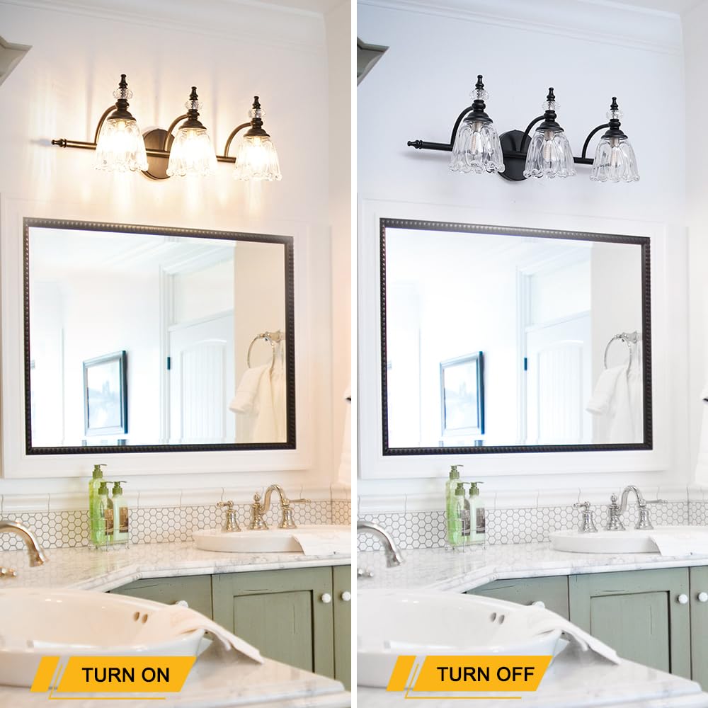 Ditoon Matte Black Bathroom Vanity Light, 3-Light Glass Shade Wall Sconce, Model DX230004V