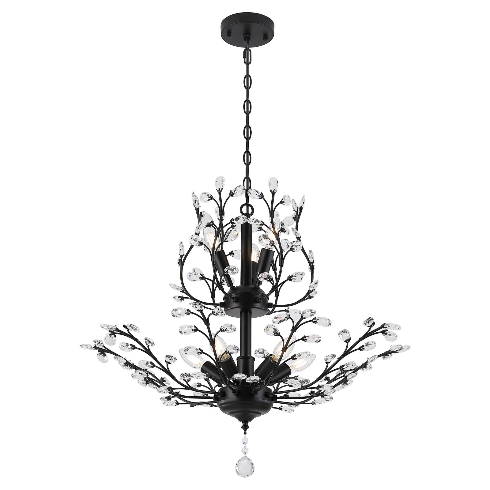 3WWWUEE Black Crystal Chandelier, Farmhouse 8-Light Large Branch Pendant Light with Adjustable Chain, 2-Tier Vintage Flower Ceil