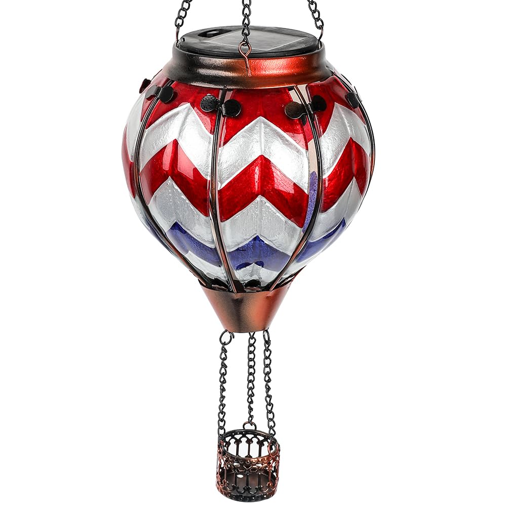 Teyigarden Hot Air Balloon Solar Lantern With Flickering Flame, Glass Hanging Garden Lights Outdoor Waterproof For Tree Yard Patio Mother'S Day Gift, 18&quot; H Wavy-Blue Red White