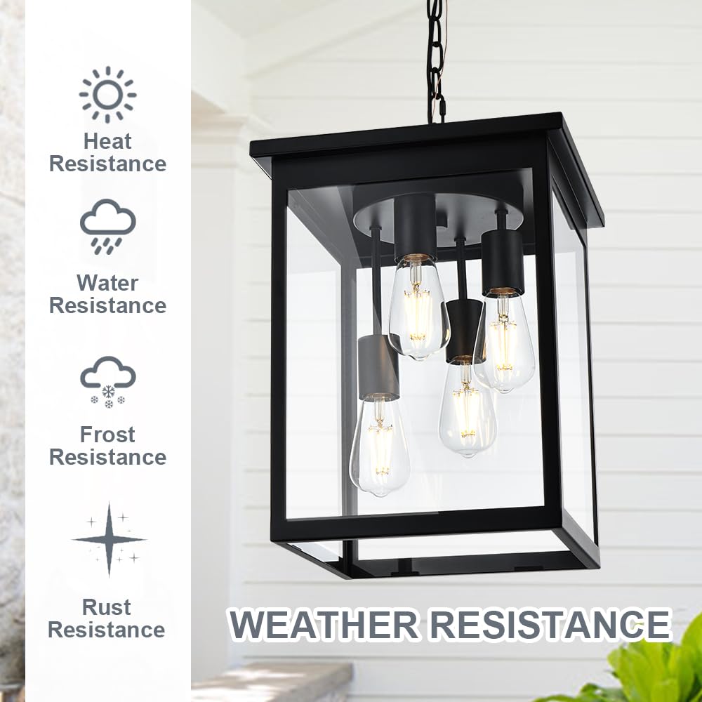 Todoluz Large Outdoor Pendant Light Fixtures, 4-Lights Black Exterior Ceiling Hanging Lanterns With Clear Glass, Farmhouse Outdo