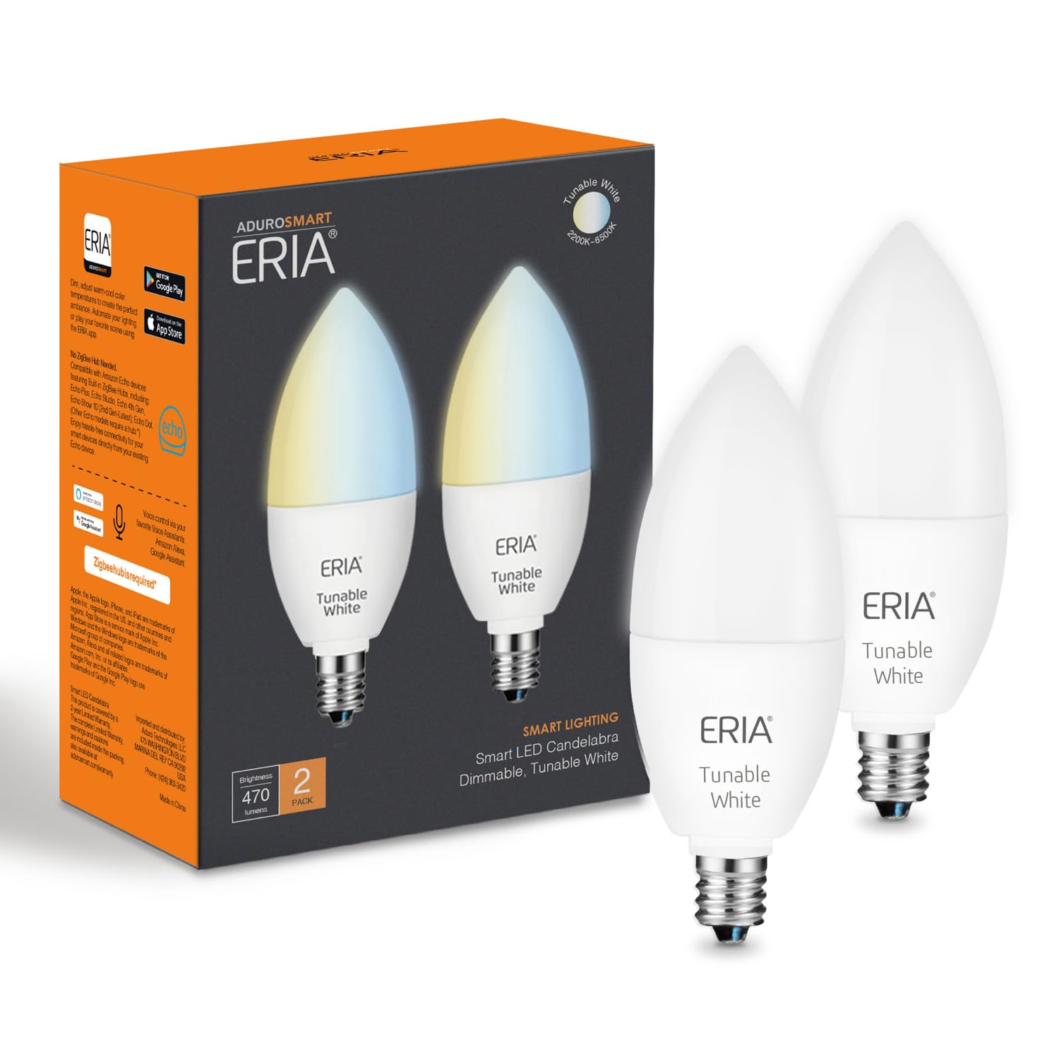 Eria Smart Candelabra Bulbs, Zigbee Tunable White, Works With Adurosmart, Hue*, Smartthings, Amazon Echo (4Th Gen), Alexa, Ha, G