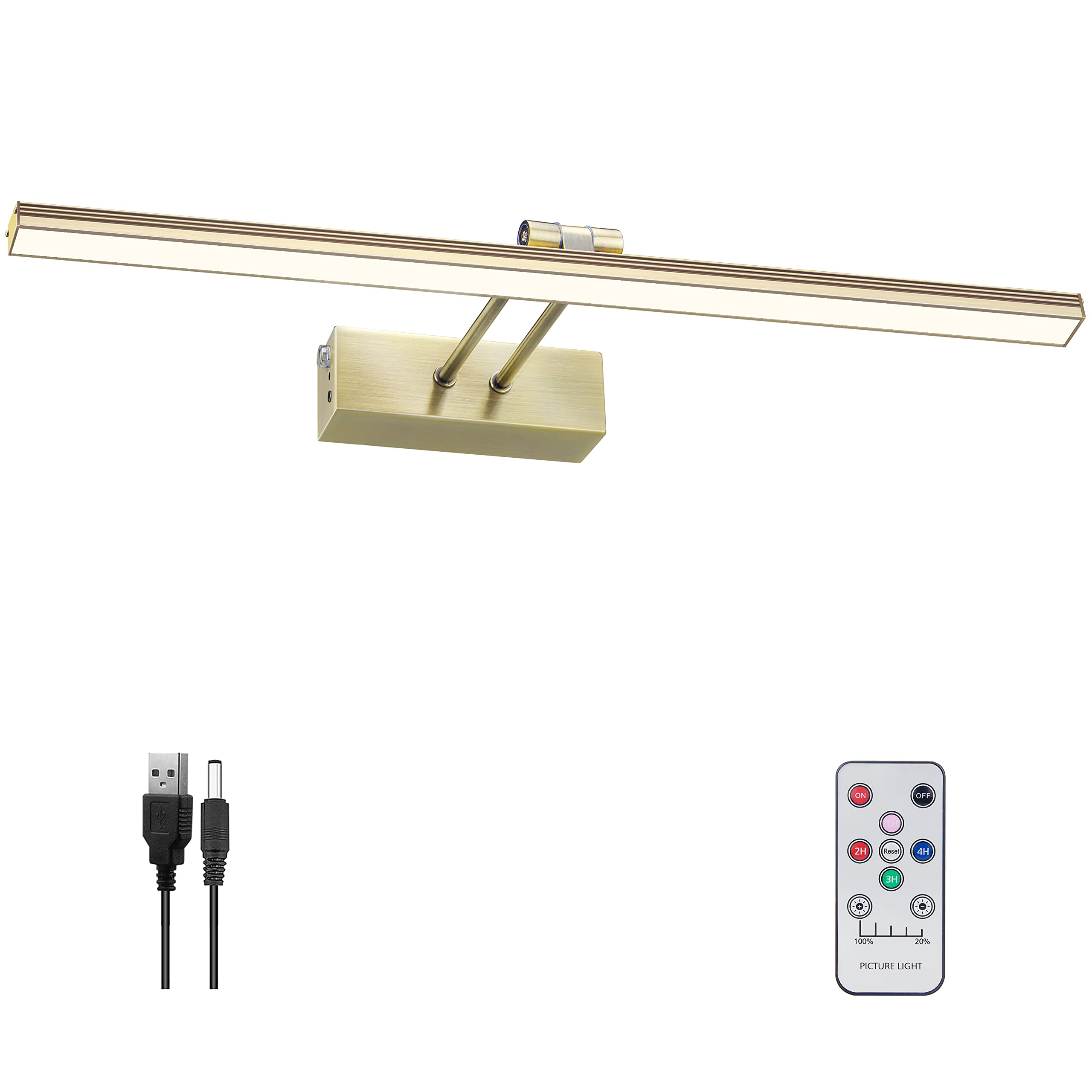 FUNCHDAY Picture Light, 20in Wireless Remote Art Light, Dimmable, Metal, Antique Brass, Model FC70178