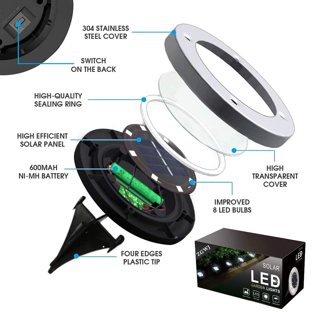 Zgwj Solar Ground Lights, 8 Pack Waterproof Led Disk Lights, Warm White Stainless Steel For Garden, Patio, Walkway, Driveway