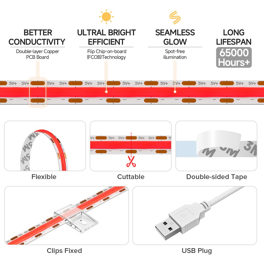 Btf-Lighting Fcob Usb Powered Red Color Cob Led Strip Lights 6.56Ft 640Leds 5V 8Mm Width 90+ High Cri Ultra Bright Flexible Light For 3D Printer Tv Backlight Display Cabinet Pc Diy Decor