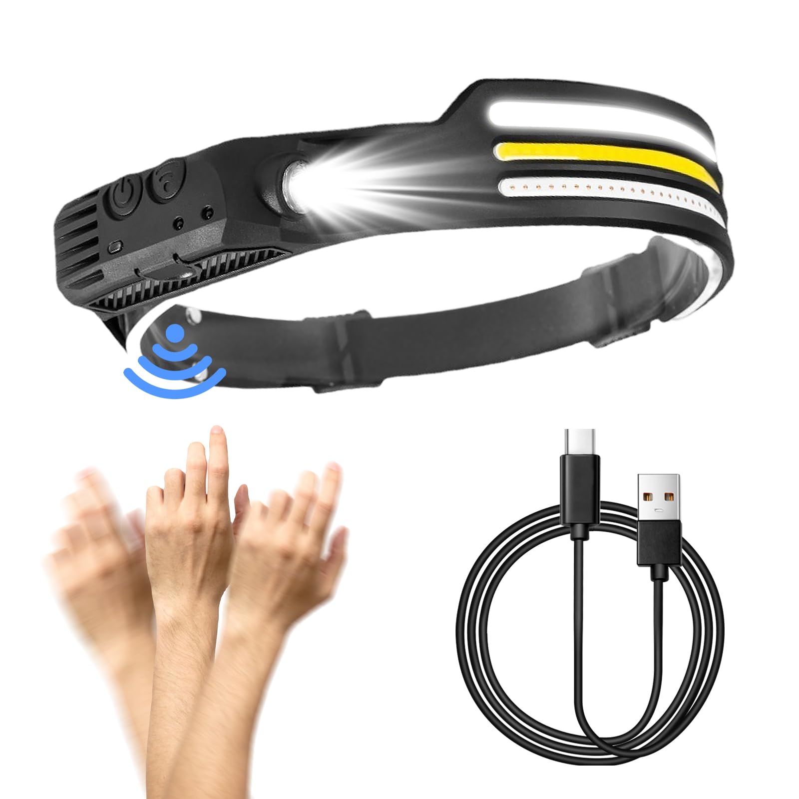 Inwosney Led Headlamp With Motion Sensor, 230° Wide Beam, 10 Modes, Waterproof For Camping