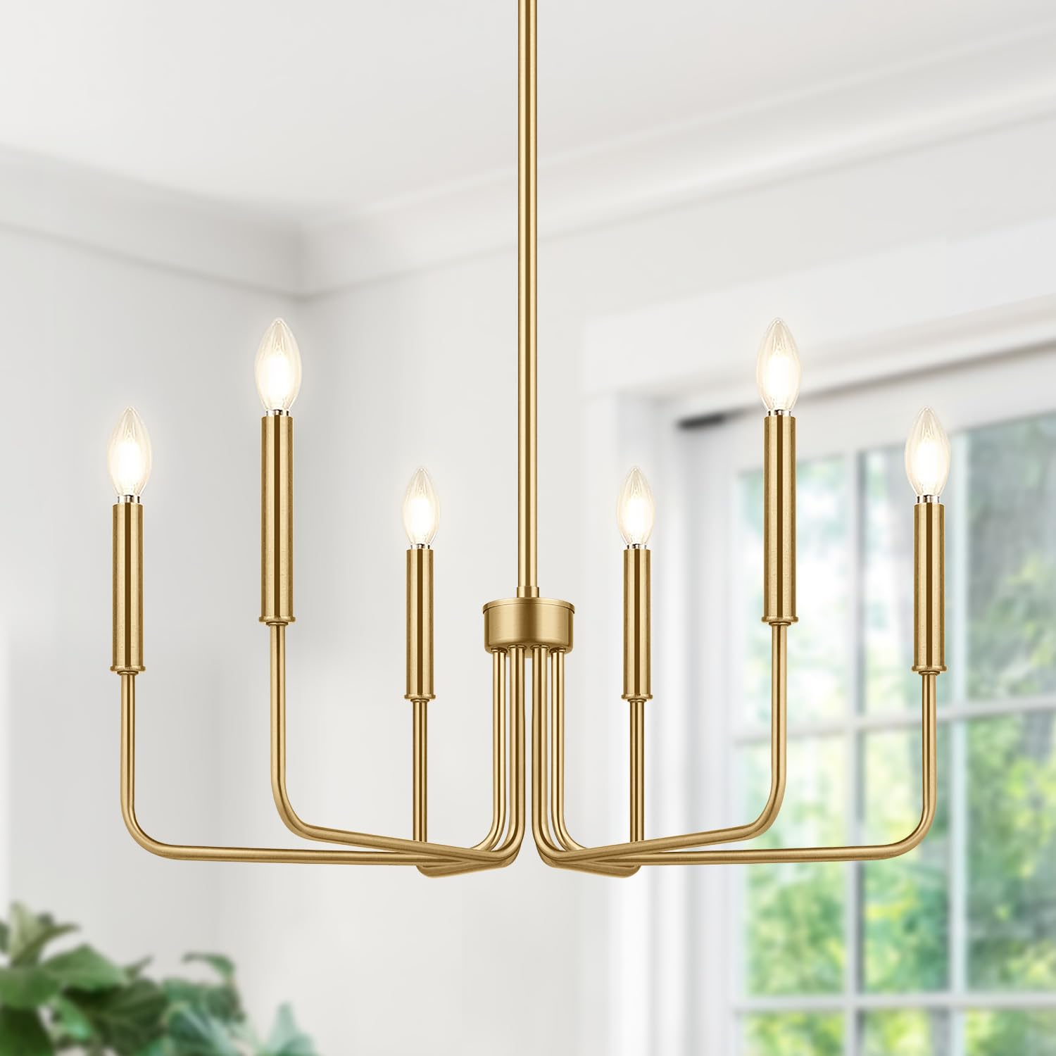 Brass Chandelier, 6-Light Farmhouse Chandelier for Dining Room Lighting Fixtures Hanging, Vintage Candle Pendant Light Fixtures 