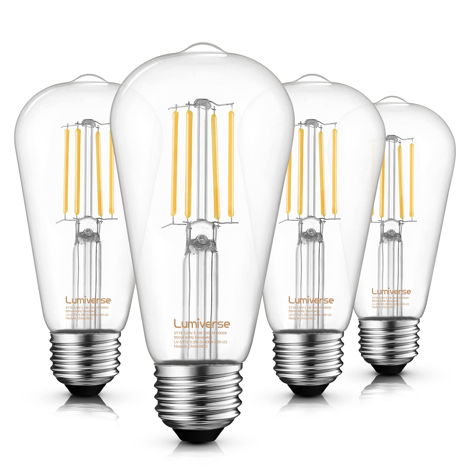 St19 Dimmable Led Edison Bulb, 5.5W (60W Equivalent) 500Lm, Cri 95+, 4000K Cool White, E26 Medium Base, Vintage Filament, Clear 