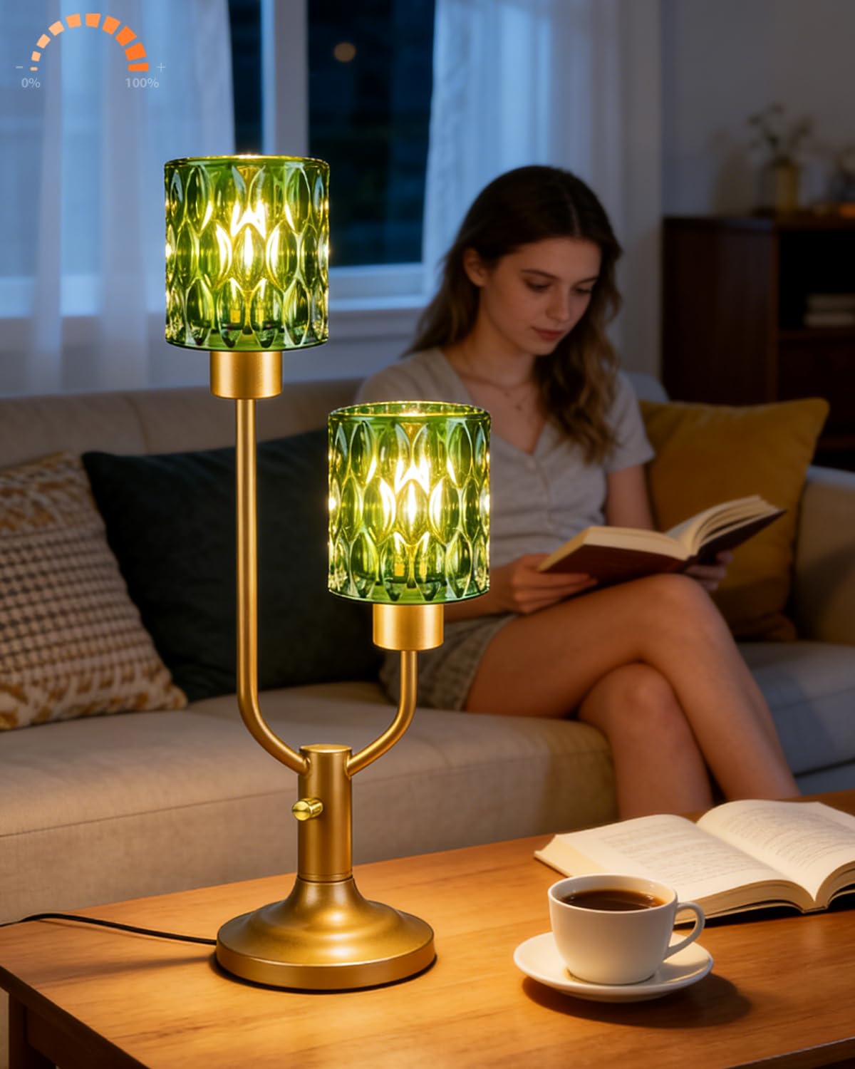 Lightdot Mid Century Modern Glass Table Lamp Dimmable 2-Light Gold Desk Lamp with Green Glass Shade& Bulb Included 3000K Warmwhite Nightstand Lamp for Living Room Bedroom Bedside