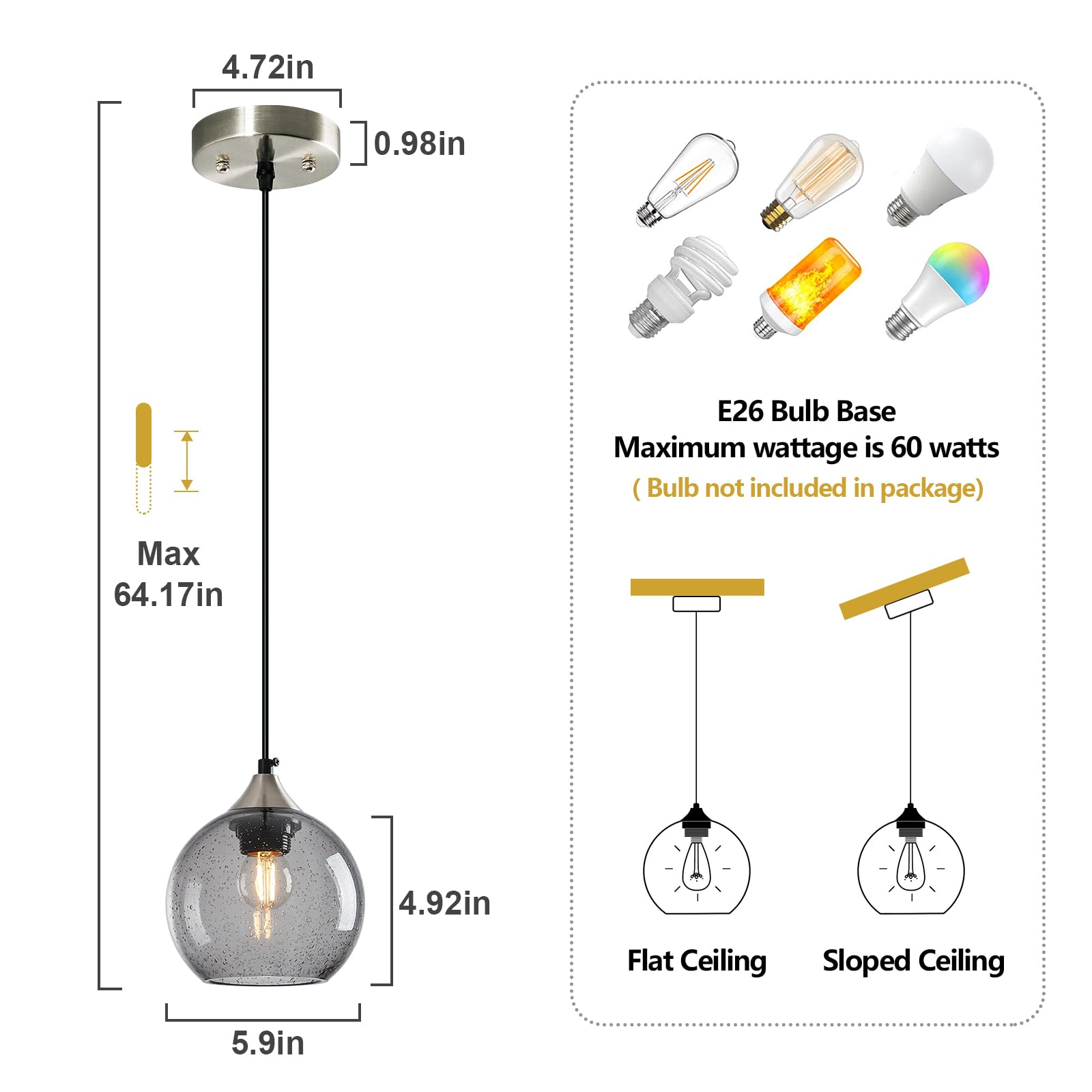 Lbsqj Light Grey Glass Pendant Lights Kitchen Island Globe Pendant Light Fixtures Modern Pendant Lighting For Bedroom Living Dining Room Light Fixture (5.9 In  3 Pack)