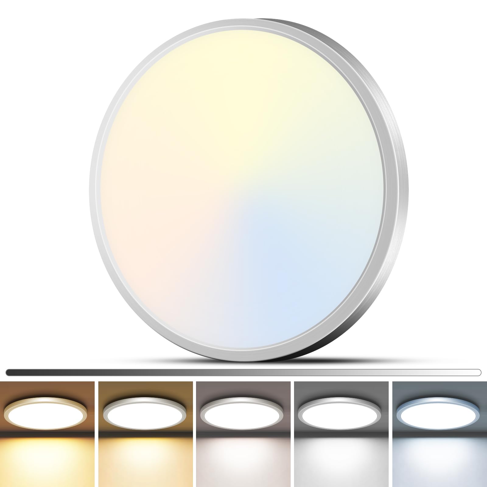 zemty 1Pack LED Flush Mount Ceiling Light  12Inch 24W Dimmable Ceiling Lights Fixture  5 Color Temperatures (3000K-6500K) Brushed Nickel Round Ceiling Lamp for Bedroom  Kitchen  Hallway Bathroom