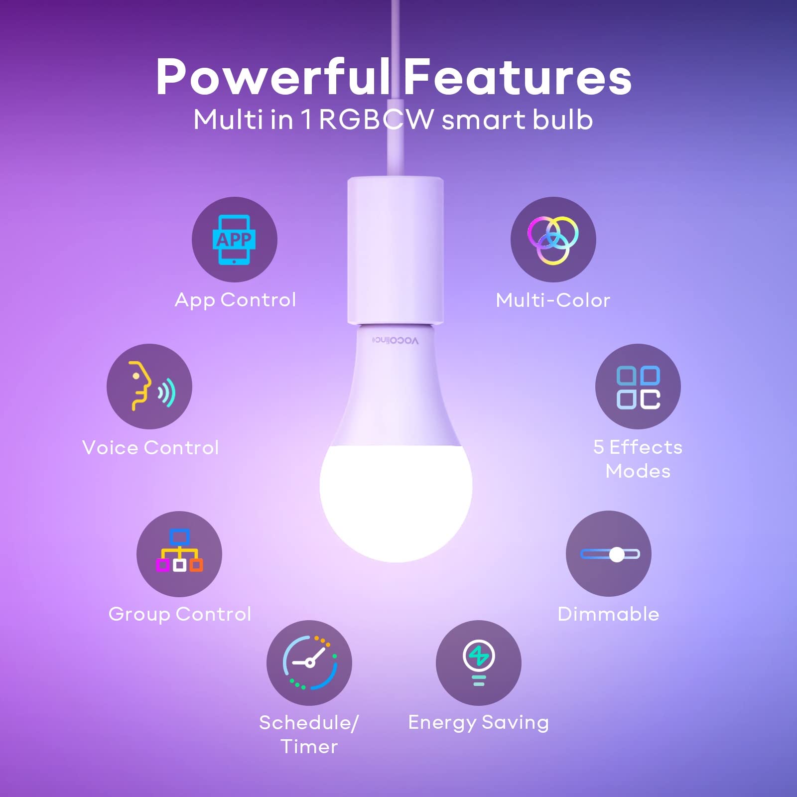 VOCOlinc Smart Light Bulb, Dimmable WiFi, E26 LED, 850 Lumens, 2200K-7000K RGBW, Model GU10, White,