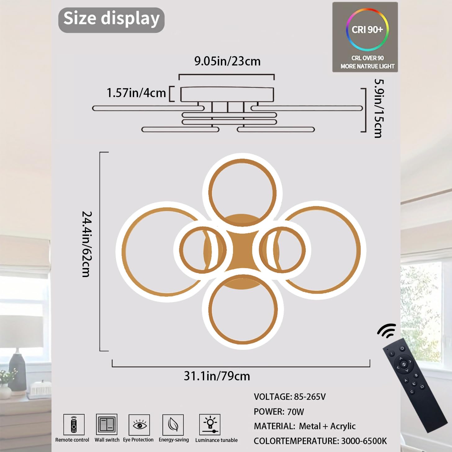 Cyaruy Modern Gold Flush Mount Ceiling Light Fixture With Remote, 3000K-6500K Dimmable, 6-Ring Round Led Chandelier Ceiling Lamp