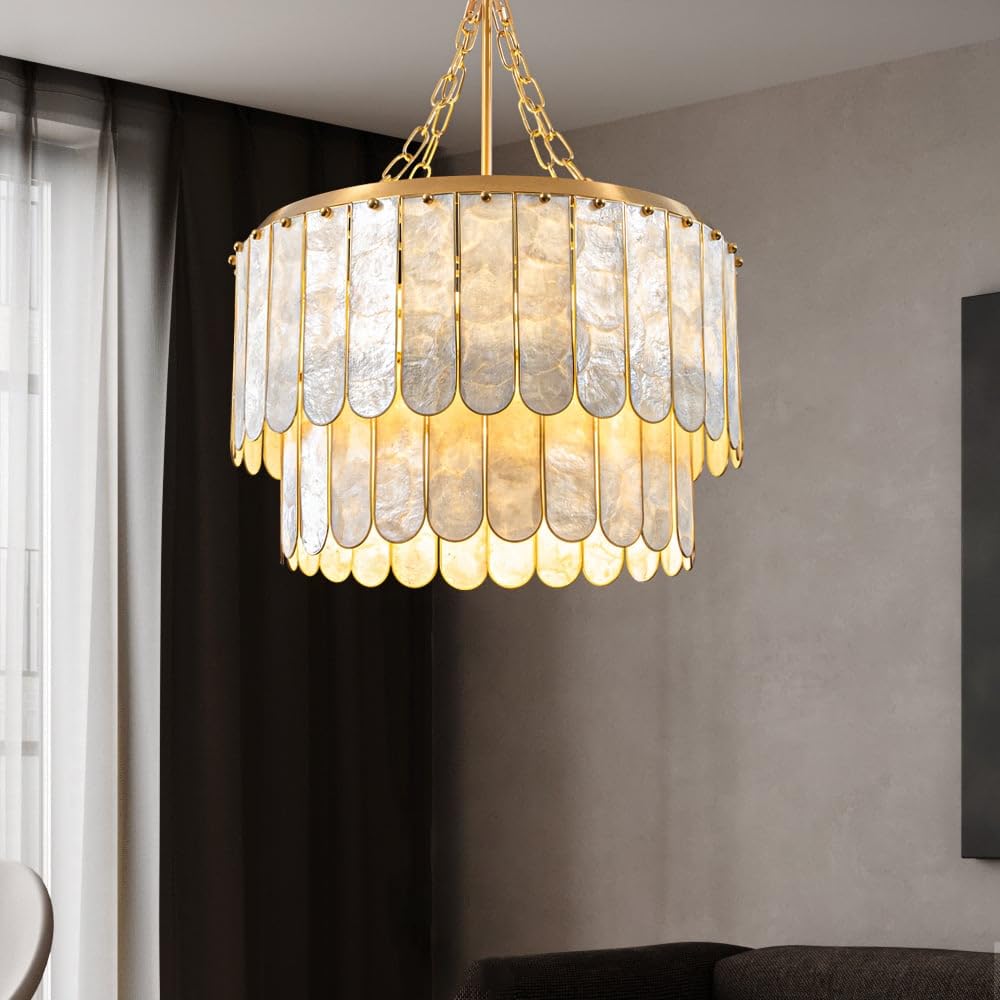 Weibath 5-Light Chandelier Shell 2 Tiered Faceted Gold Chandeliers for Dining Room Modern Pendant Lighting