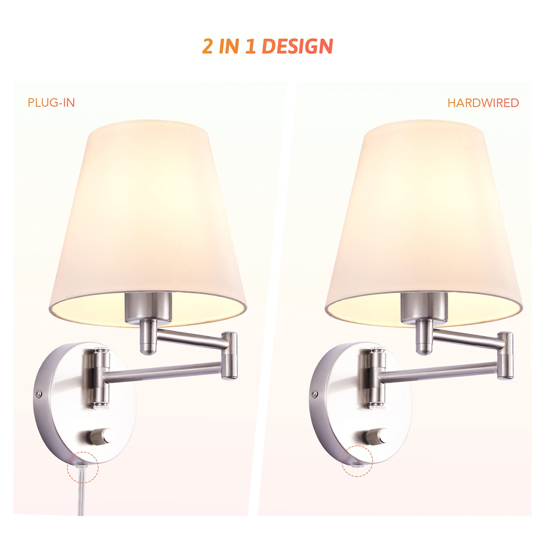 Vonluce Modern Adjustable Swing Arm Wall Lamp Brushed Nickel, Plug-In Wall Sconce Lighting For Bedroom Bedside, Living Room, Kit