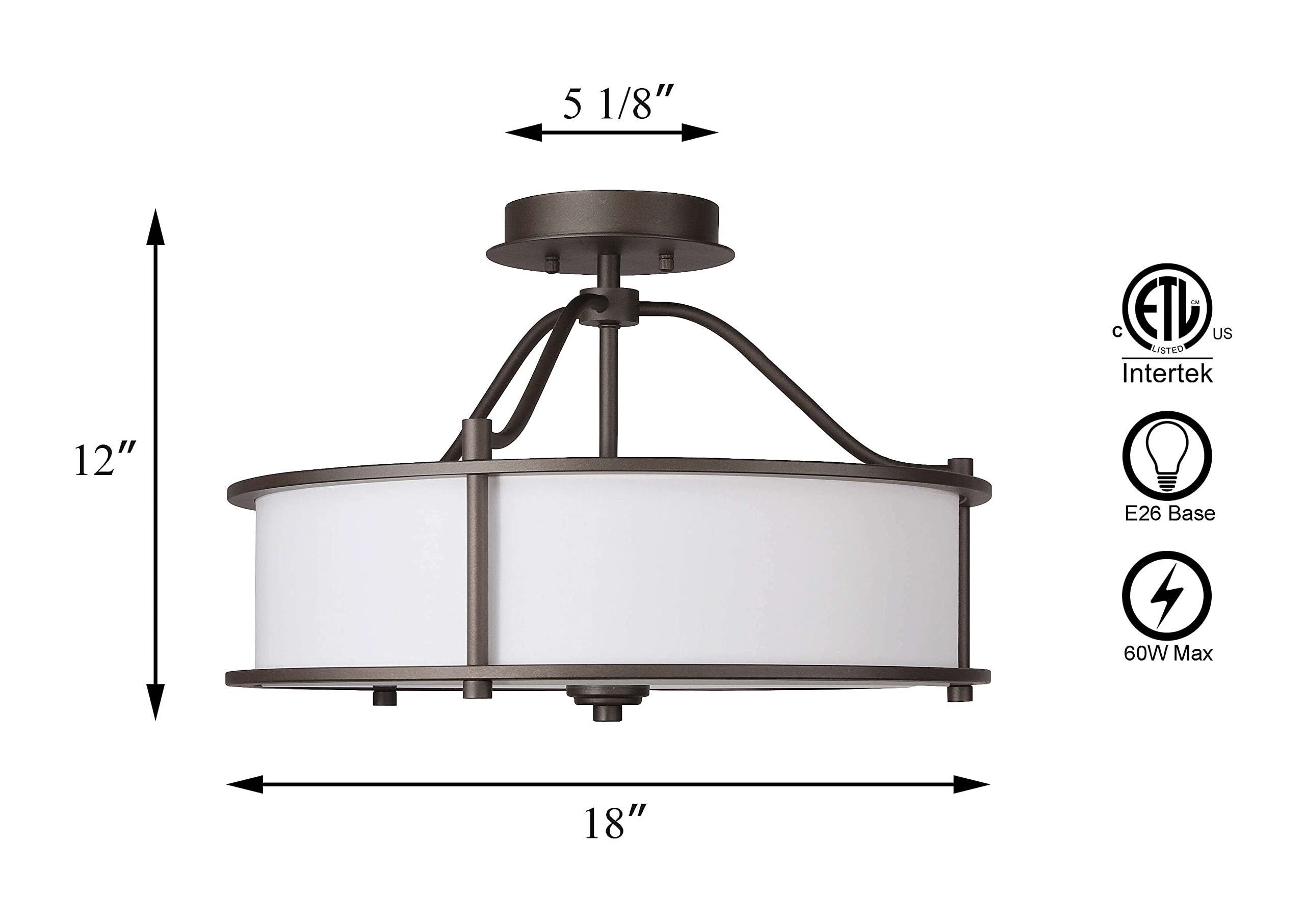 Xinbei Lighting Semi Flush Mount Ceiling Light 18 Inch 3 Light Close To Ceiling Light With Fabric Shade And Frost Glass Diffuser