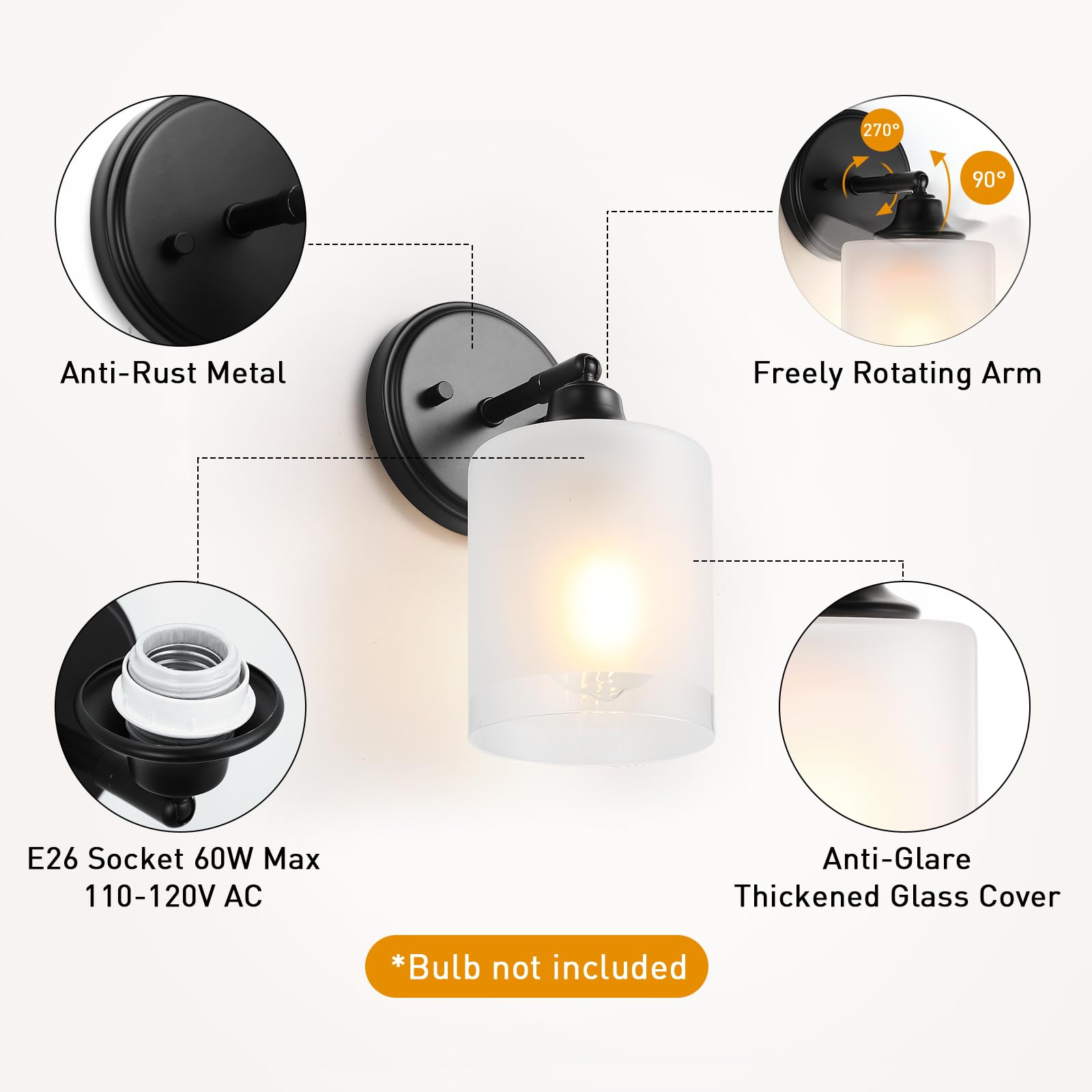 XIFEINIU Wall Sconces Set of 2, Frosted Glass Shade, Modern Matte Black, E26 Base, Bathroom/Bedroom Vanity Lights, Model LV24H58-B