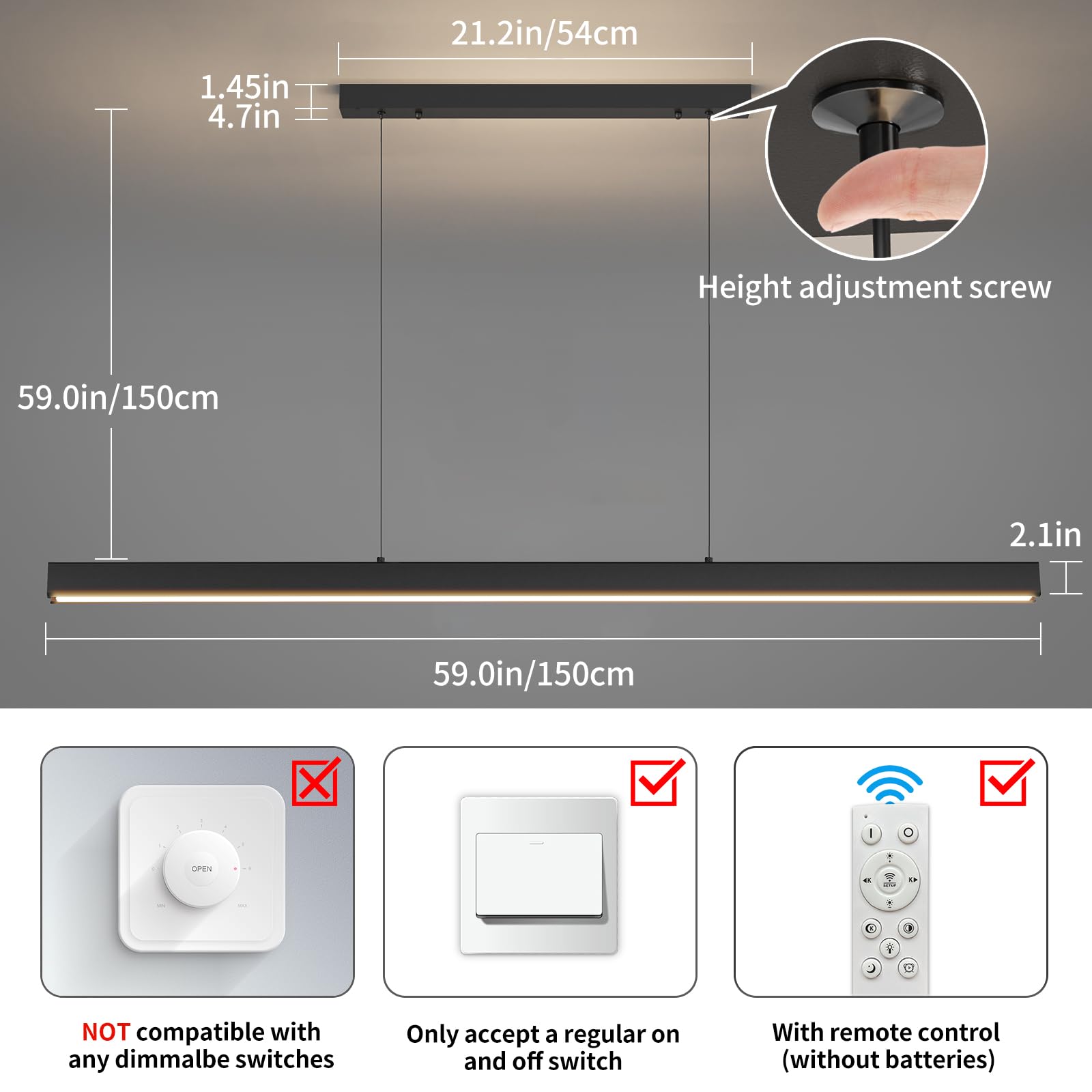 Modern Led Linear Pendant Light, 59In Ceiling Chandlier Light Fixtures Hanging With Remote Control 3000K-6500K Adjustable Color Temperature Island Light For Dining Room, Kitchen