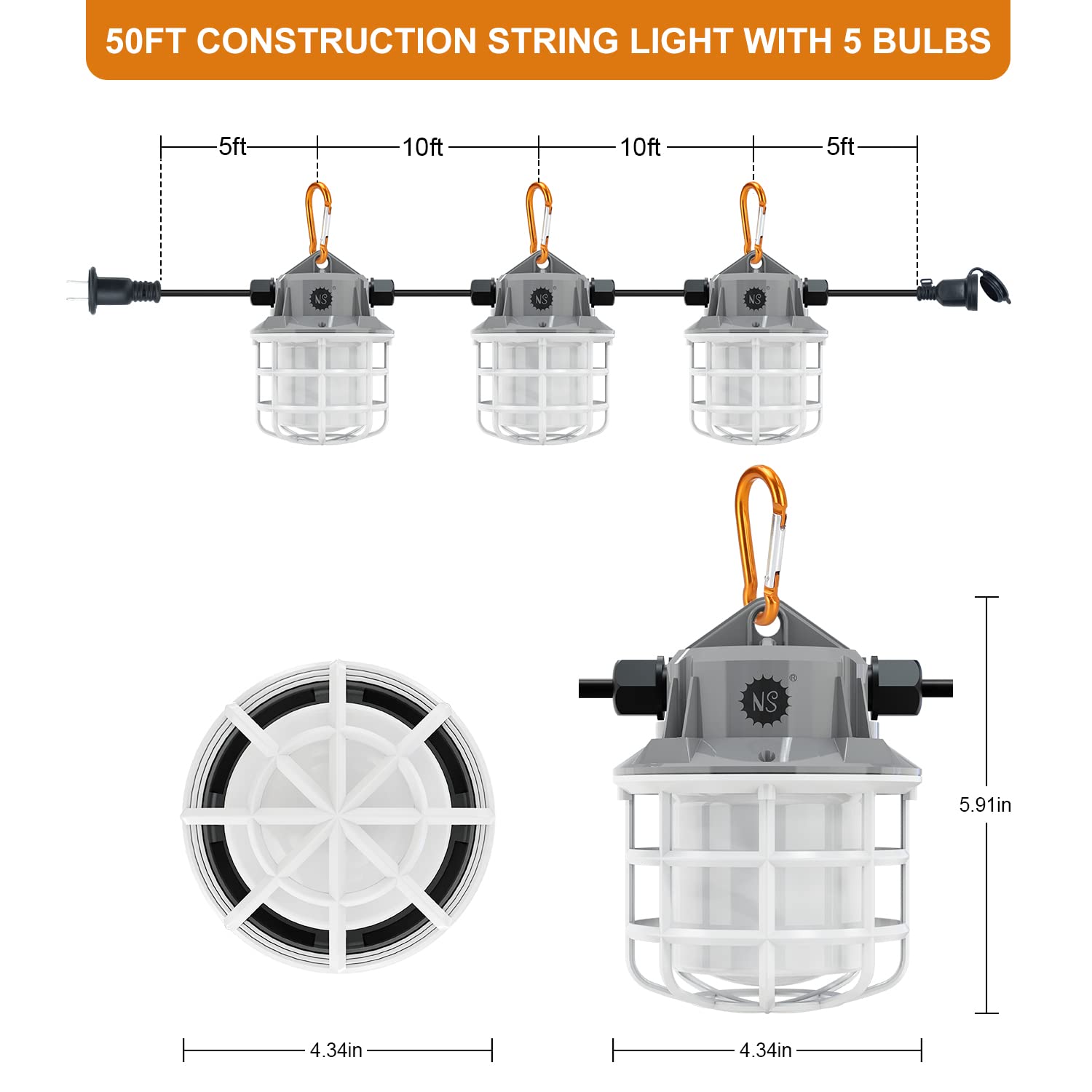 Ns 50Ft Construction String Lights 75W 7500Lm Led String Work Lights Industrial Grade Best For Construction Sites, Renovation, Mine Cave,Patio,Walkways And Other Outdoor Lighting