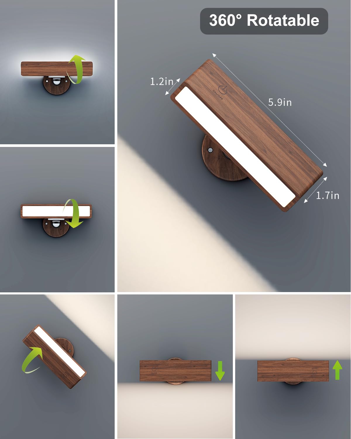 Yilaie Wall Sconces Battery Operated Set Of 2,Rechargeable Wall Sconce For Bedroom,Wireless Wall Lights Dimmable,Wood Wall Light