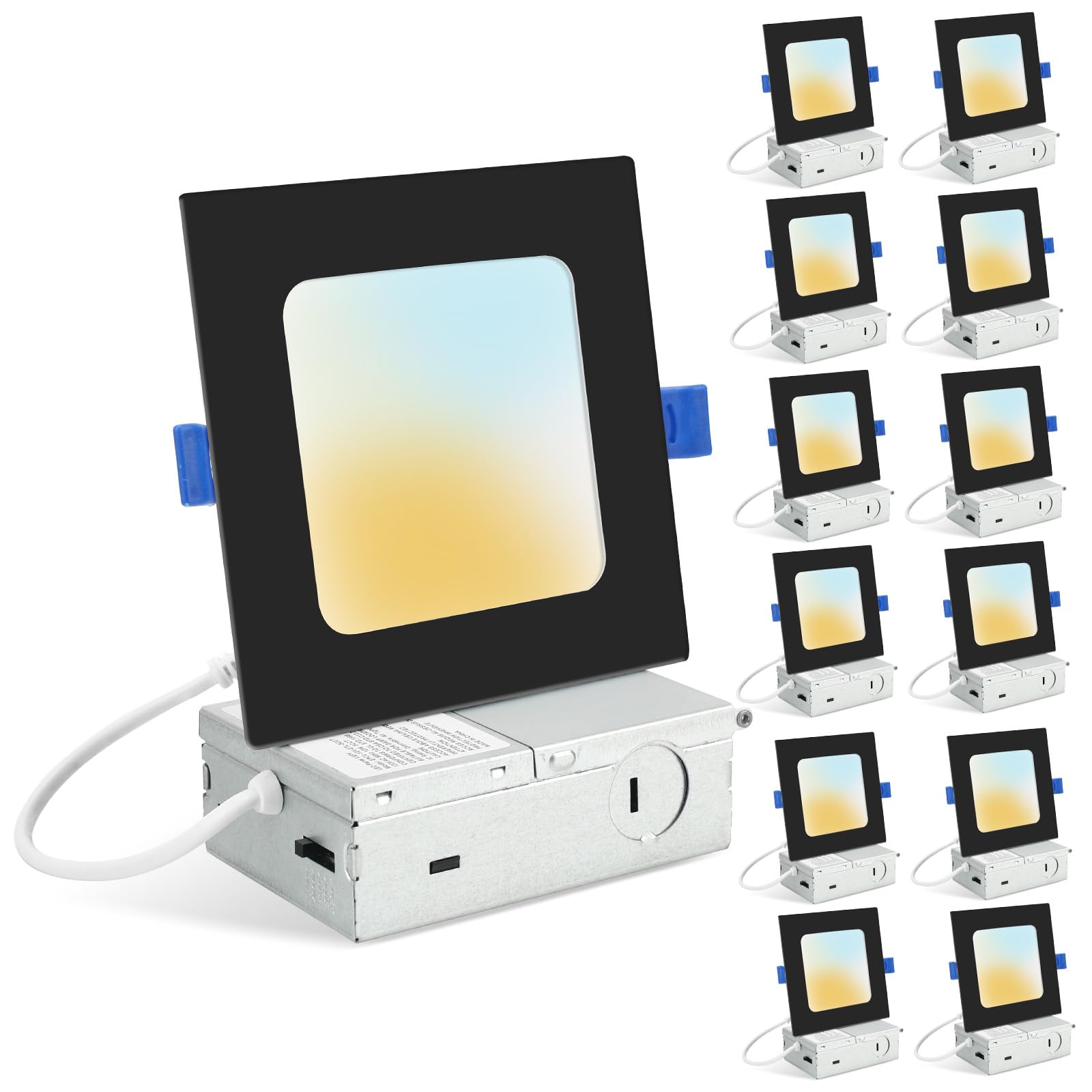 HONZIN 12 Pack 4 Inch Square Recessed Lighting, 5CCT Ultra Thin Square Recessed LED Downlight with Junction Box, 2700K/3000K/350