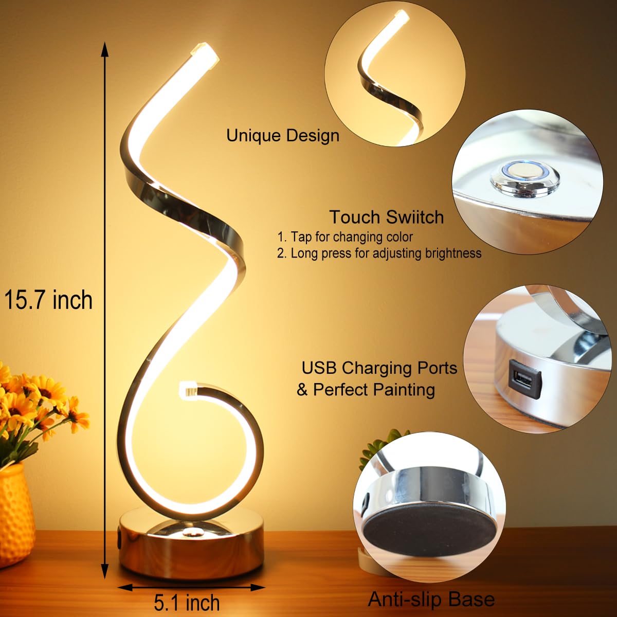 Besketie Modern Spiral Led Table Lamps, Touch Control, Usb Ports, Dimmable, Set Of 2 - Silver