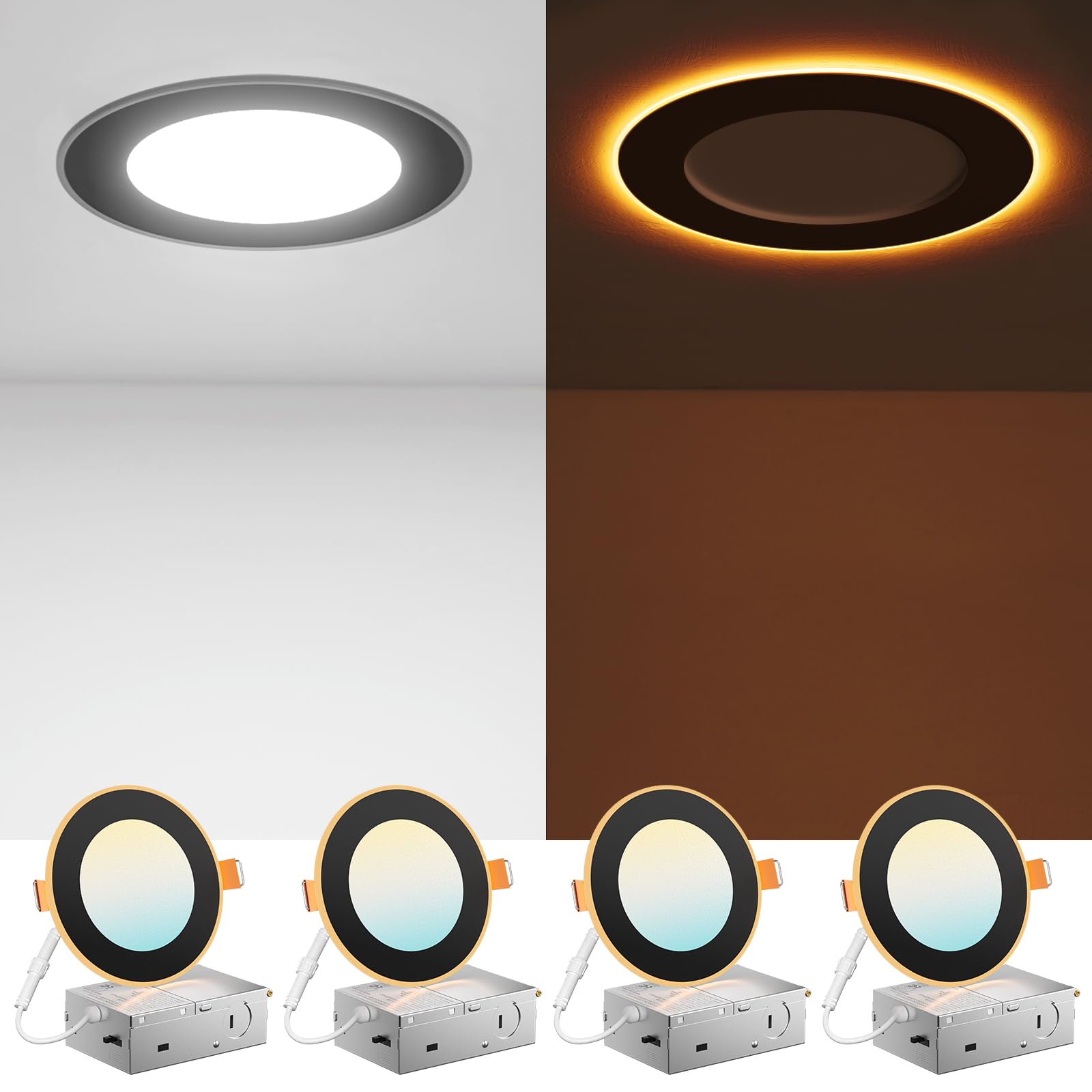 Amico 4 Pack Black 4 Inch 5Cct Led Recessed Ceiling Light With Night Light  2700K-5000K Selectable Ultra-Thin Recessed Lighting  10W=90W  700Lm  Dimmable Canless Wafer Downlight Etl&Fcc