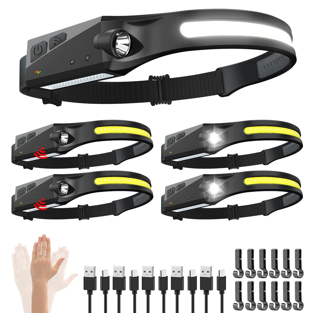 WopkDupk Rechargeable Headlamp 5PCS, 230 Wide Beam Head Lamp, Motion Sensor LED Headlamp Flashlight, 5Mode Headlamps for Adults,