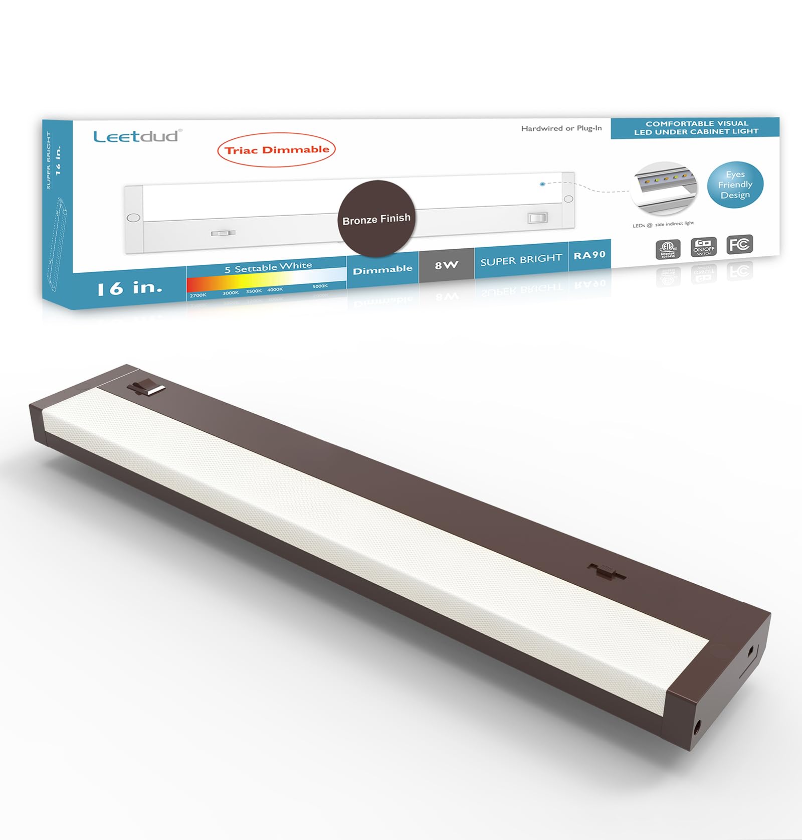 Leetdud LED Under Cabinet Lighting Hardwired or Plug in, 16 Inch 8W, Dimmable 5 Color 2700K/3000K/3500K/4000K/5000K, Linkable Ey