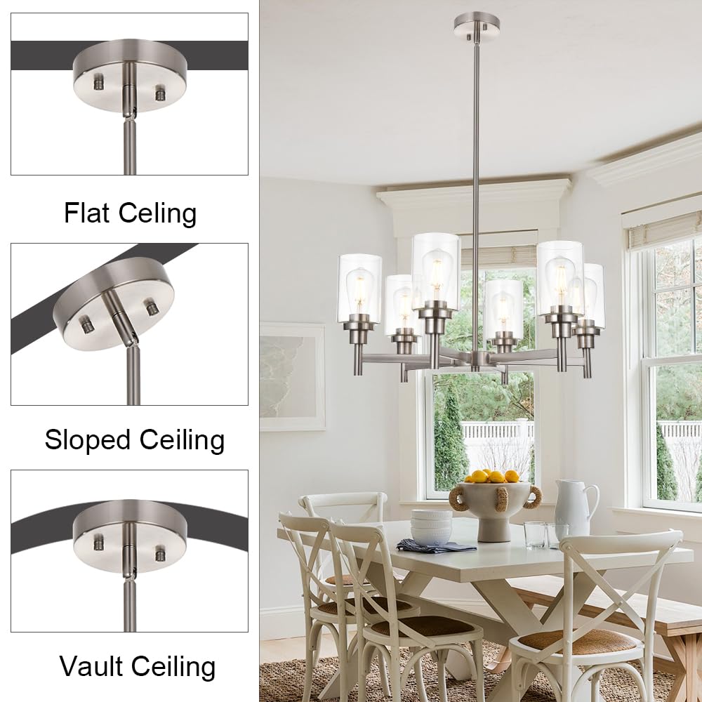 VINLUZ 6 Light Contemporary Chandelier Brushed Nickel Modern Pendant Lighting Cylinder Clear Glass Shaded Classic Ceiling Light