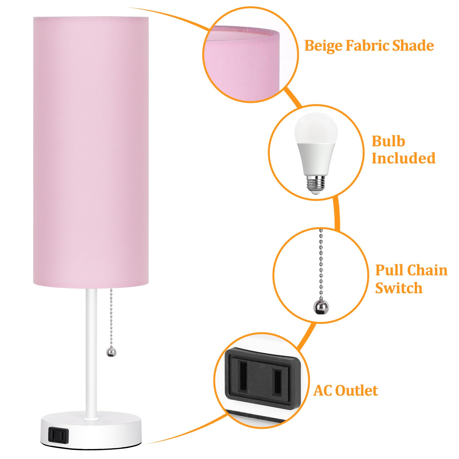 Dott Arts 18in Table Lamp, Pink-White, Plastic, 3-Color, Pull Chain, Model RD-PTL6W-004, Bulb Included for Bedroom or Living Room