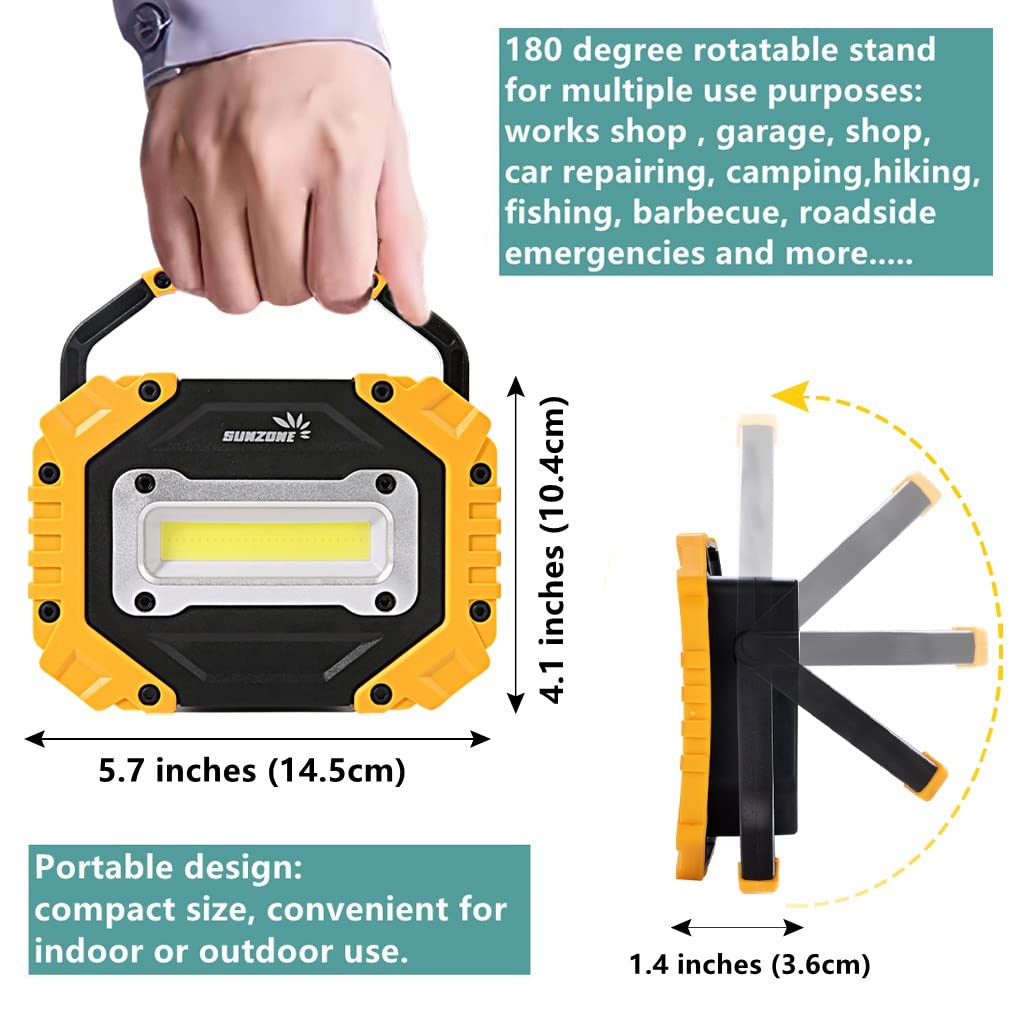 Sunzone Led Work Light,Portable Flood Light With Magnetic Base,Rechargeable Waterproof Job Site Lighting For Camping,Fishing,Car Repair With Emergency Mode (2 Pack)
