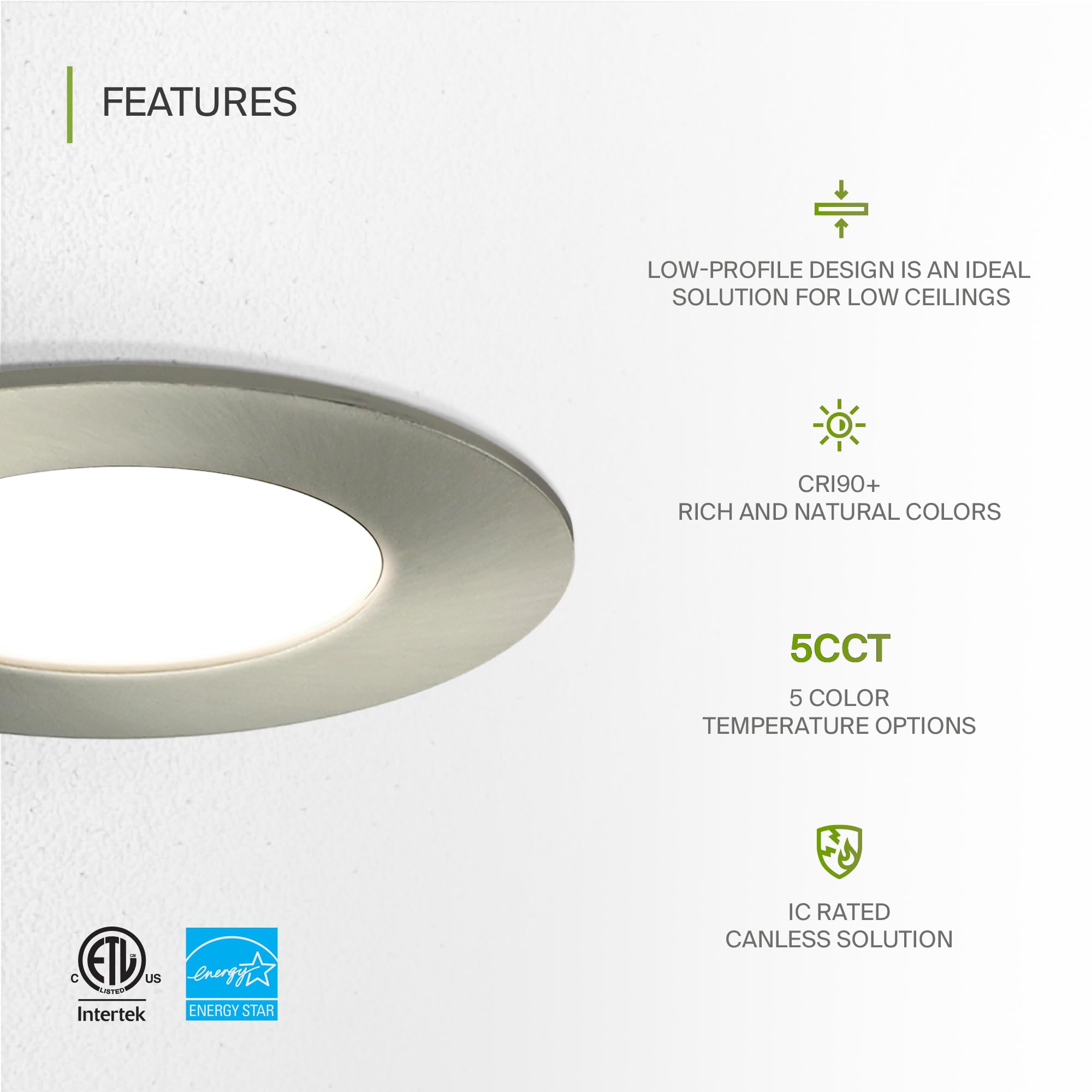 Asd 6 Pack 3 Inch Led Recessed Light 6W  5 Cct 2700K-5000K Cri90+  Ic Rated Ultra Thin Dimmable Ceiling Lights With J Box  Canless Wafer Downlight  Round Slim Panel Lighting  Energy Star Etl  Nickel