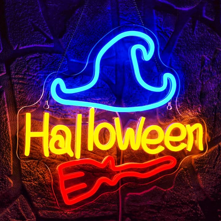 NOSUN Neon Sign - Halloween Broom & Wizard Hat Decor - Acrylic - Red & Blue - Wall Light for Party, Bar, Bedroom, Kids & mature-themeds
