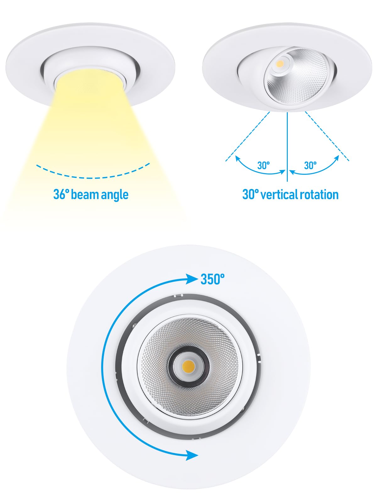 TORCHSTAR 6 Inch LED Gimbal Retrofit Recessed Light, Dimmable 5000K Daylight, 12W CRI90, Adjustable Eyeball Can Light, Pack of