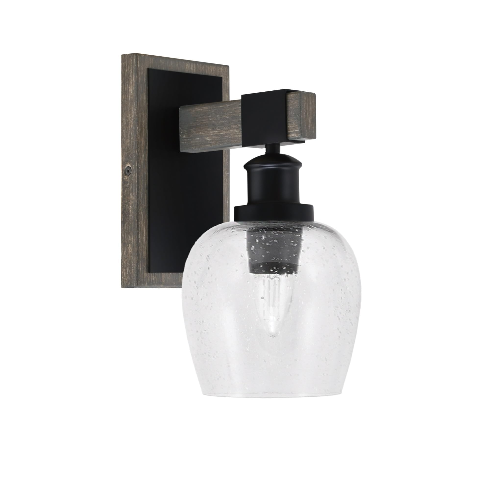 Toltec Lighting Tacoma Light Wall Sconce, Matte Black & Distressed Wood-Look Metal, 6in Clear Bubble Glass