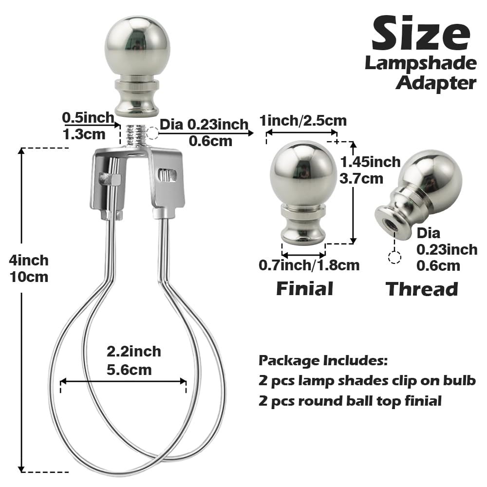 Asjeumt 2Pcs Lamp Shade Light Bulb Clip Adapter Kit, Nickel Lampshade Holder Adapter With Round Top Finial, No Harp Required, Cl