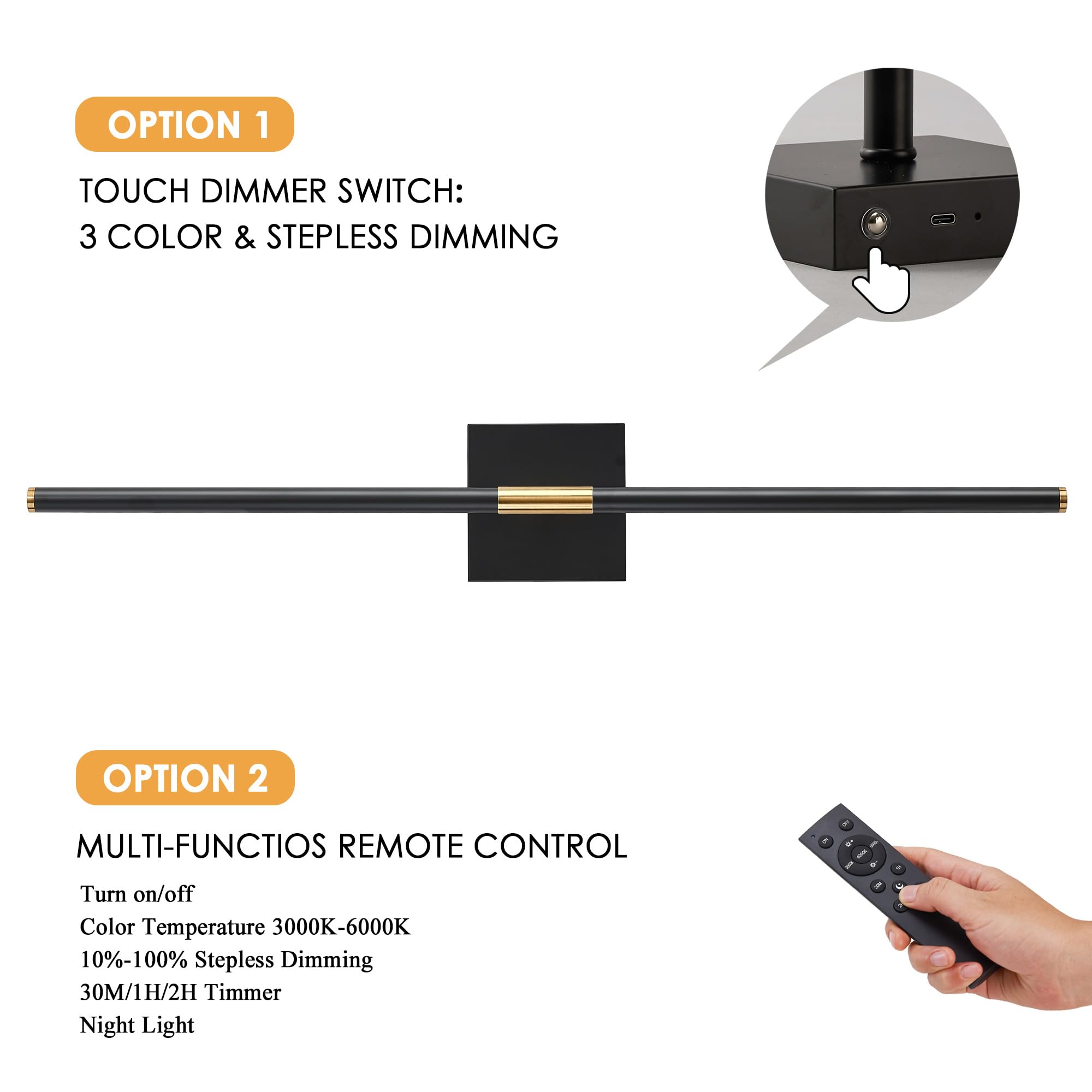 Battery Operated Black & Gold Wall Sconces Set Of 2, 30'' Wireless Rechargeable Wall Lights With Remote Control, 3000K-6000K Ste