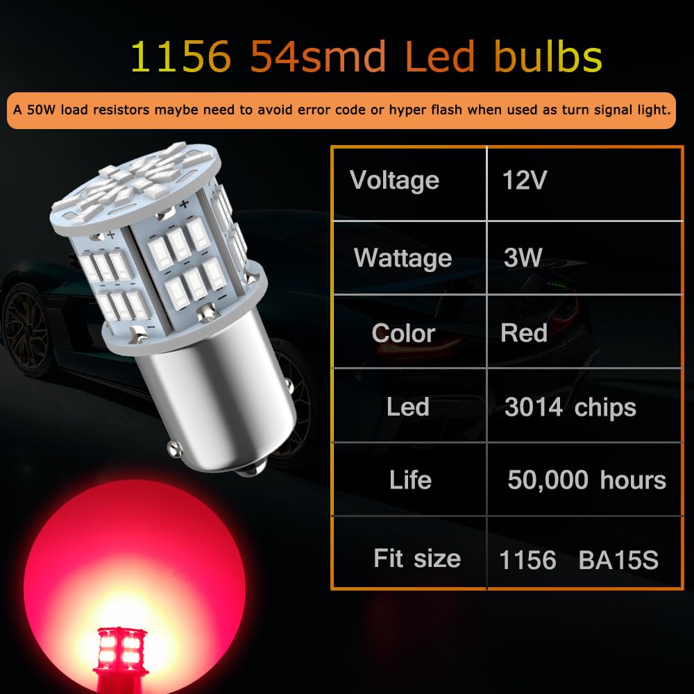 Melphan-Auto 1156 LED Bulbs 54-SMD Red 12V-24V for RV Trailer Interior Lights - 4pcs