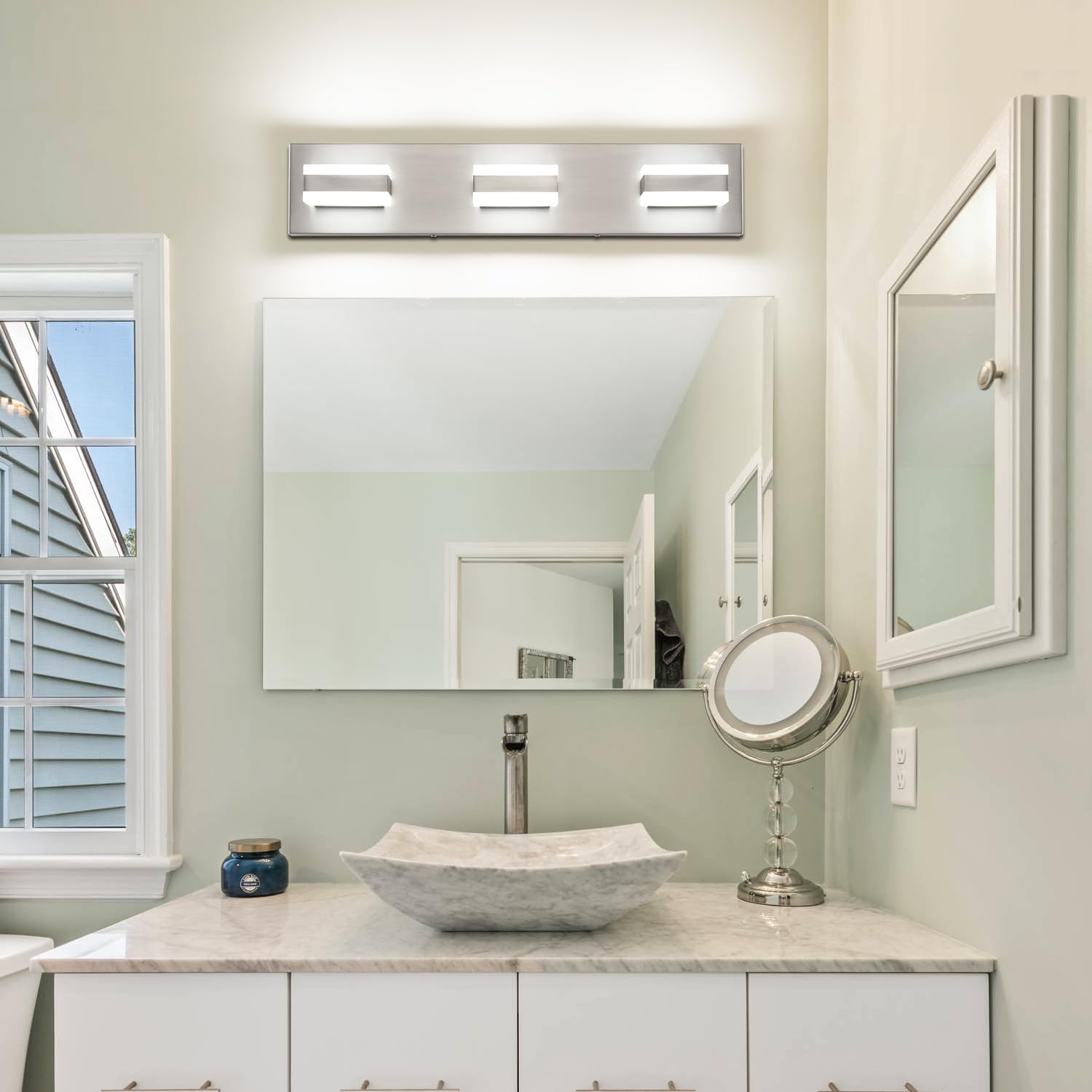 SOLFART Bathroom Vanity Lights - 3-Light Brushed Nickel Fixture, 21.7" Aluminum, Model S8568-3T-6000K-Nickel