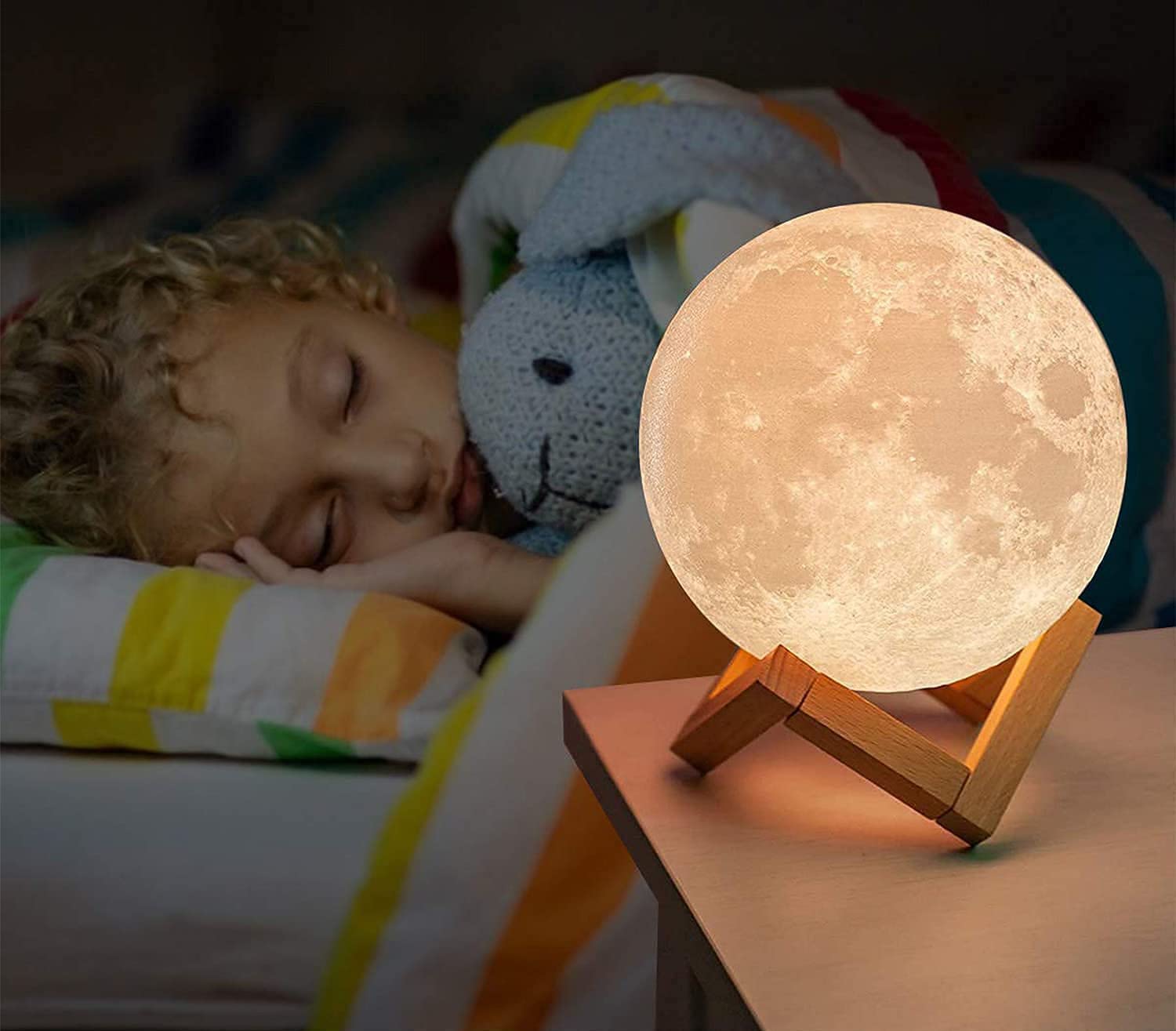 RMFSH Moon Lamp with Text- Moon Night Light for Adults Kids Baby Wooden Stand Remote Touch Control and USB Rechargeable 16 LED C