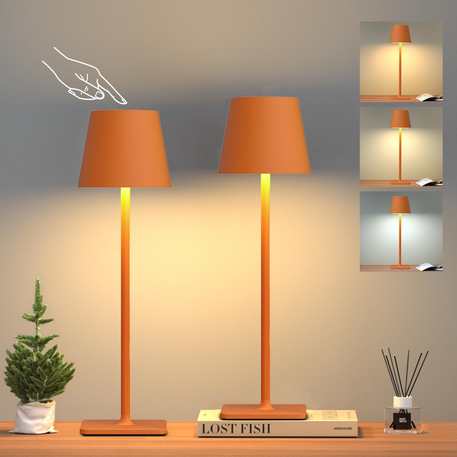 Yogaret Orange Cordless Table Lamp Set of 2 - 3 Way Stepless Dimmable Metal for Dining Bedroom Home Bar