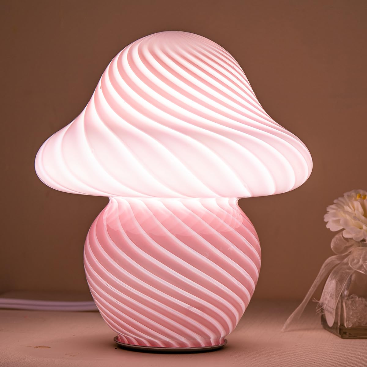HEQET Mushroom Lamp Orange White Glass Mushroom Table Lamp for Bedrooms, Living Room, Aesthetic Lamps for Bedroom, Cute Bedside 
