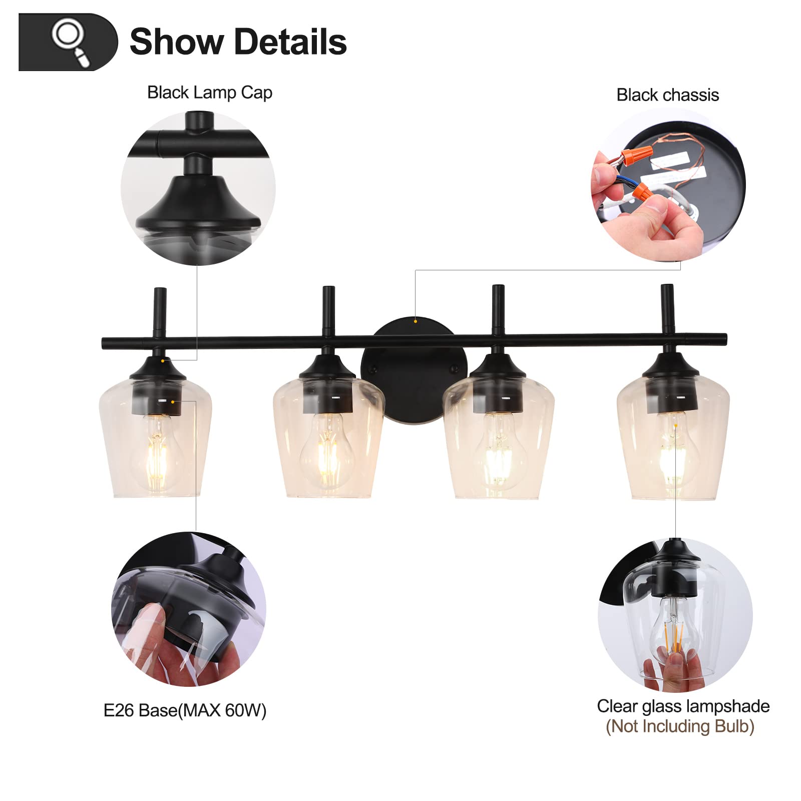 Foucasal Black Bathroom Light Fixtures - 4-Light Vanity Light With Clear Glass Shade, Industrial Matte Wall Lights For Bedroom H