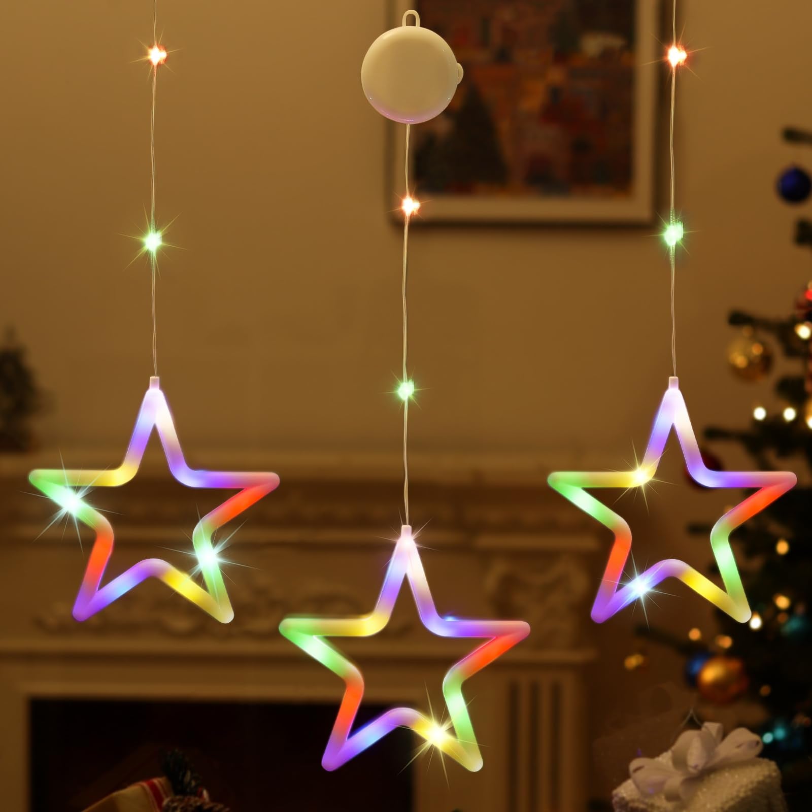 Lewondr Christmas Star Window Lights, 3Pcs Christmas Window Decoration Hanging Lights Indoor with Battery Powered, Suction Cup Hook, Timer for Xmas, Home, Party, Colorful Light