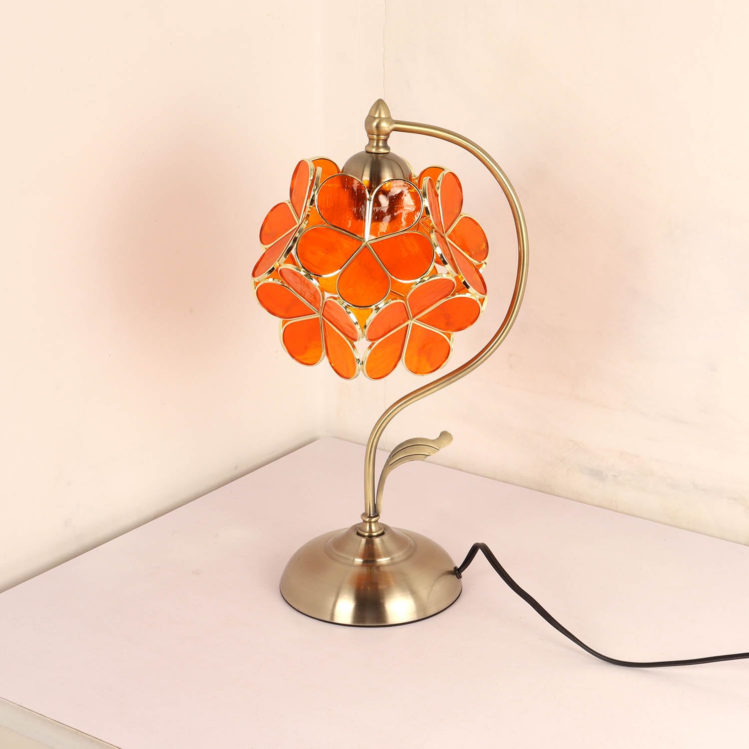 Bieye Tiffany Style Stained Glass Table Lamp, 8in Cherry Blossom, Orange Transparent, Model PETALTABLE