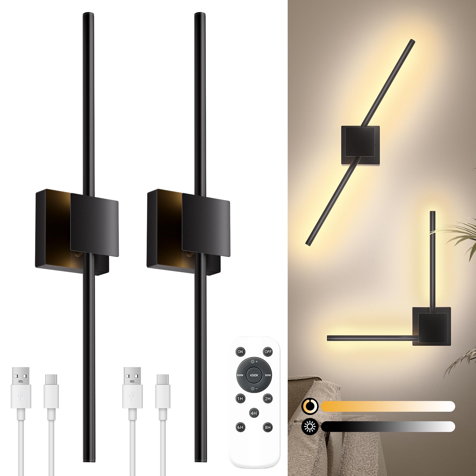 Torchlet Battery Operated Wall Sconces With Remote Control, Dimmable Wall Sconces Set Of Two With Diy Independently Rotatable La